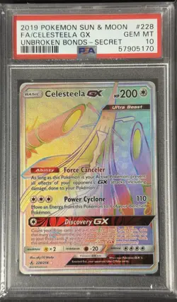2019 POKEMON SUN & MOON UNBROKEN BONDS FA/CELESTEELA GX#228 SECRET PSA 10 - Image 1
