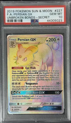 2019 POKEMON SUN & MOON UNBROKEN BONDS FA/PERSIAN GX#227-SECRET PSA 10 - Image 1