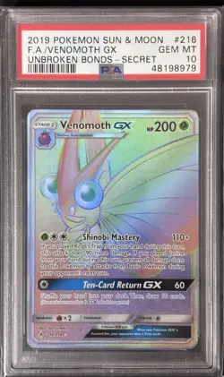 2019 POKEMON SUN & MOON UNBROKEN BONDS FA/VENOMOTH GX#216 SECRET PSA 10 - Image 1