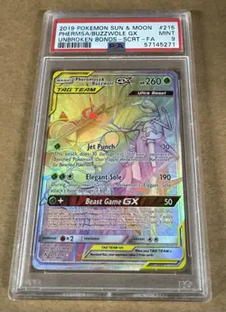 2019 Pokemon Sun Moon Unbroken Bonds Buzzwole GX Pheromosa #215 Secret PSA 9 - Image 1