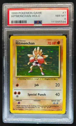 1999 Pokemon Unlimited Hitmonchan Rare Holo #7/102 PSA 8 - Image 1