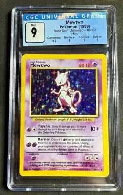1999 Pokemon Base Set Unlimited #10 Mewtwo Holo CGC 9 Mint w/ Subgrades - Image 1