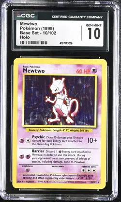 Pokemon Mewtwo 10/102 Base Set Vintage Holo CGC 10 - Image 1