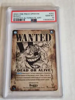 2024 One Piece OP09 EN Wanted Alternate Art #051 Buggy PSA 10 - Image 1