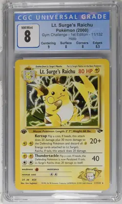 CGC 8 NM/MT - 2000 Gym Challenge Lt. Surge's Raichu 11/132 1ST EDITION HOLO - Image 1