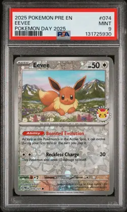 2025 Pokemon Day Eevee 074/131 Stamped Promo Reverse Cosmos Holo PSA 9 MINT - Image 1