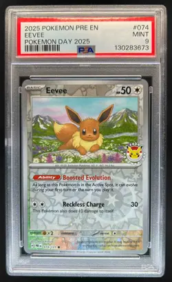 2025 Pokemon SV Prismatic Evolutions Eevee Day Stamp Reverse Holo #074/131 PSA 9 - Image 1