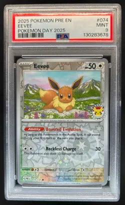 2025 Pokemon SV Prismatic Evolutions Eevee Day Stamp Reverse Holo #074/131 PSA 9 - Image 1