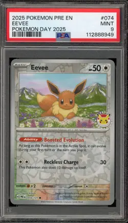 Pokemon Eevee Pokemon Day 2025 Prismatic Evolutions Reverse Holo #074 PSA 9 Mint - Image 1