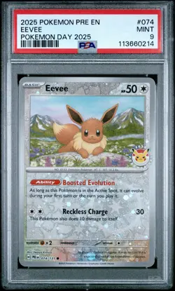 PSA 9 Eevee Pokemon Day 2025 Reverse Holo 074 2025 Pokemon PRE EN 113660214 - Image 1