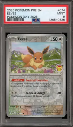 Pokemon Eevee Pokemon Day 2025 Prismatic Evolutions Reverse Holo #074 PSA 9 Mint - Image 1
