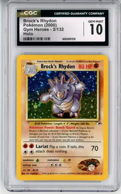 CGC GEM MINT 10 Pokemon TCG Brock's Rhydon 002/132 Gym Heroes Holo Rare (2000) - Image 1