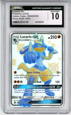 CGC GEM MINT 10 Pokemon TCG Lucario GX SV64/SV94 Hidden Fates: Shiny Vault Holo - Image 1