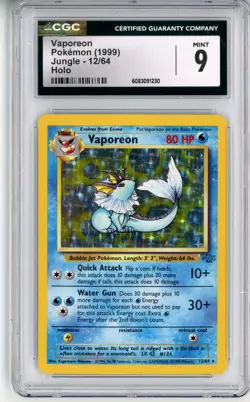 CGC MINT 9 Pokemon Trading Card Game Vaporeon 12/64 Jungle Holo Rare (1999) - Image 1