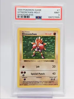HITMONCHAN 1999 POKEMON GAME SHADOWLESS HOLO RARE 7/102 PSA 9 Q0004 - Image 1