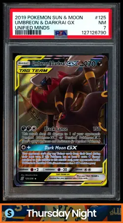 2019 POKEMON SM UNIFIED MINDS #125/236 UMBREON & DARKRAI GX TAG TEAM PSA 7 - Image 1