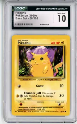 CGC GEM MINT 10 Pokemon Trading Card Game Pikachu 058/102 Base Set Regular - Image 1