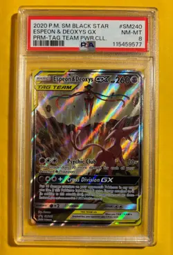 Espeon & Deoxys GX SM240 Black Star Promo Tag Team 2020 PSA 8 Pokemon - Image 1