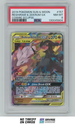 2019 Pokemon Sun & Moon Cosmic Eclipse Tag Team Reshiram & Zekrom GX PSA 8 - Image 1
