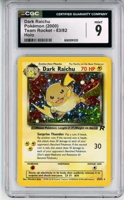 CGC MINT 9 Pokemon Trading Card Game Dark Raichu 83/82 Team Rocket Holo Rare - Image 1