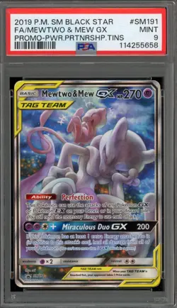 Pokemon Mewtwo & Mew GX Power Partnership Tins Full Art Promo SM191 PSA 9 Mint - Image 1