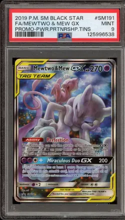 Pokemon Mewtwo & Mew GX Power Partnership Tins Full Art Promo SM191 PSA 9 Mint - Image 1