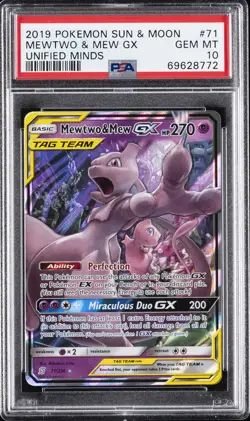 2019 POKEMON SUN & MOON UNIFIED MINDS #71 MEWTWO & MEW GX PSA 10 - Image 1