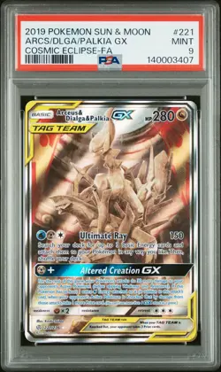 2019 POKEMON SM COSMIC ECLIPSE #221 FULL ART/ARCEUS & DIALGA & PALKIA GX PSA 9 - Image 1