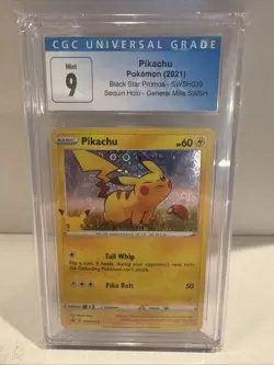 POKEMON 2021 PIKACHU GENERAL MILLS SWSH039 CGC 9 Sequin Holo Black Star Promo - Image 1