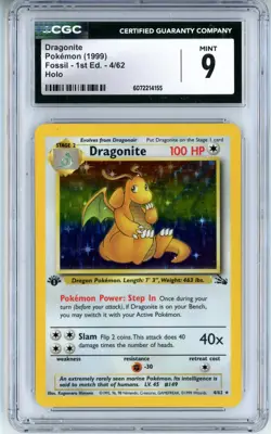 CGC MINT 9 Pokemon Trading Card Game Dragonite 4/62 Fossil Holo Rare 1st Edition - Image 1