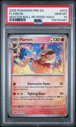 2025 POKEMON PRE EN-PRISMATIC EVOLUTIONS MASTER BALL REVERSE HOLO FLAREON PSA 10 - Image 1