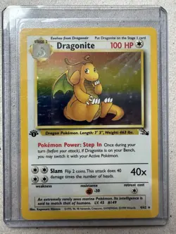 Pokemon 1st Edition Fossil Dragonite Holo 4/62 Rare Pokemon Cards TCG 1999 - Image 1
