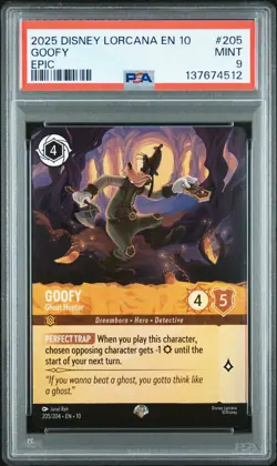 2025 DISNEY LORCANA EN 10-WHISPERS IN THE WELL EPIC GOOFY - GHOST HUNTER PSA 9 - Image 1