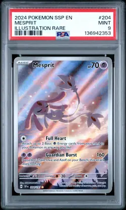 2024 POKEMON SSP EN-SURGING SPARKS ILLUSTRATION RARE #204 MESPRIT PSA 9 - Image 1