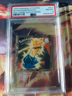1999 Pokemon Artbox Sticker Gold Sticker Bulbasaur and Pikachu PSA 8 NM-MT - Image 1