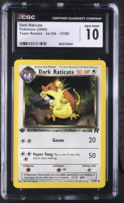 2000 POKEMON TEAM ROCKET 51/82 DARK RATICATE 1ST EDITION MINT PSA CGC 10 - Image 1