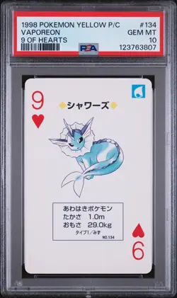 1998 POKEMON YELLOW VERSION PLAYING CARDS 9 OF HEARTS #134 VAPOREON PSA 10 - Image 1