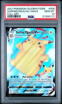 2021 POKEMON CELEBRATIONS #009 FULL ART/SURFING PIKACHU VMAX PSA 10 - Image 1