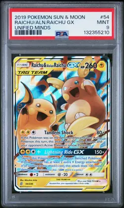 2019 POKEMON SUN & MOON UNIFIED MINDS #54 RAICHU & ALOLAN RAICHU GX PSA 9 - Image 1