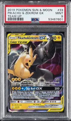 2019 POKEMON SUN & MOON TEAM UP #33 PIKACHU & ZEKROM GX PSA 9 - Image 1