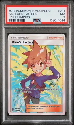 2019 POKEMON SUN & MOON UNIFIED MINDS #231 FULL ART/BLUE'S TACTICS PSA 7 - Image 1