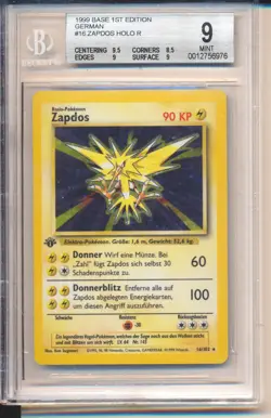 Base Set 1st Edition Zapdos 16/102 Holo 1999 BGS 9 Mint German Pokemon - Image 1