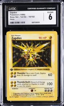 1999 POKEMON BASE SET 1ST ED HOLO #16/102 ZAPDOS CGC 6 - Image 1