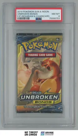 2019 Pokemon Sun & Moon Unbroken Bonds Booster Pack Reshiram & Charizard PSA 8 - Image 1