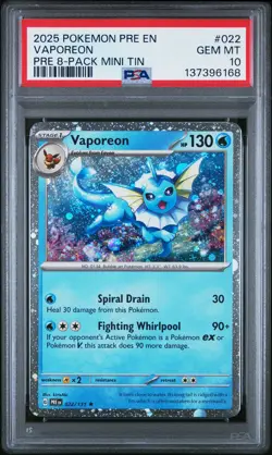 2025 POKEMON PRISMATIC EVOLUTIONS 8-PACK MINI TIN #022 VAPOREON PSA 10 - Image 1