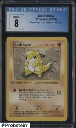 1999 Pokemon Base Set 1st Edition #62 Sandshrew CGC 8 NM-MT - Image 1