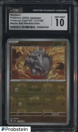 2023 Pokemon Japanese 151 Master Ball Reverse Holo #111 Rhyhorn CGC 10 - Image 1
