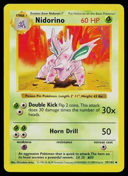 Pokemon Card - Nidorino Base Set (Shadowless) 37/102 Uncommon - Image 1