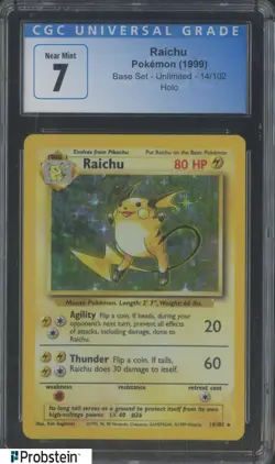 1999 Pokemon Base Set Unlimited #14 Raichu Holo CGC 7 NM - Image 1