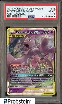 2019 Pokemon Sun & Moons Unified Minds #71 Mewtwo & Mew GX PSA 9 MINT - Image 1